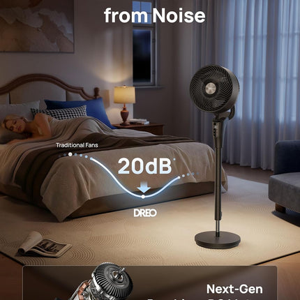 DREO Fan for Bedroom, 2026 Upgraded, 90Ft Airflow, 20Db Quiet Fan, 90° Oscillating Standing Fan for Whole Room, DC Motor, 8+H Speeds, 3 Modes, 38-42'' Adjustable Height, 8H Timer, 105° Manual Vertical