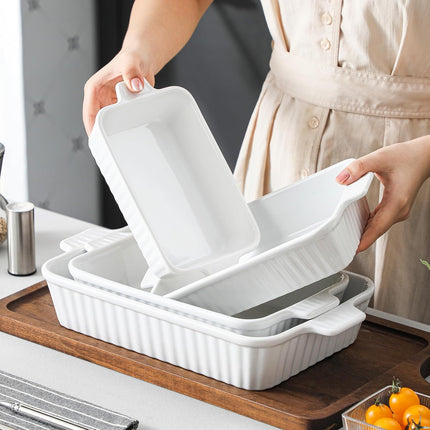 Ceramic Casserole Dish Set of 4 – Rectangular Porcelain Baking Dishes with Handles, Oven-Safe Lasagna Pans for Baking, Roasting & Serving, White