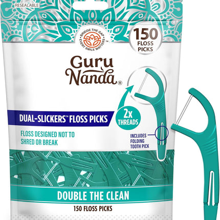Dual Slickers Floss Picks - Double Threaded Dyneema Dental Floss with Foldable Toothpick for Effective Plaque Removal - Unflavored- 150 Ct