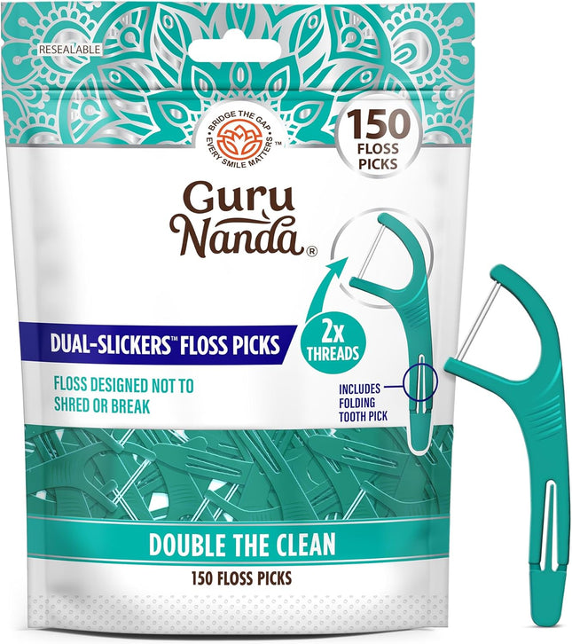 Dual Slickers Floss Picks - Double Threaded Dyneema Dental Floss with Foldable Toothpick for Effective Plaque Removal - Unflavored- 150 Ct