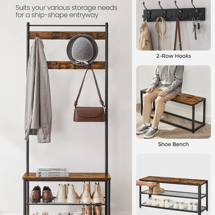 VASAGLE Coat Rack, Hall Tree with Shoe Storage Bench, Entryway Bench with Shoe Storage, 3-In-1, Steel Frame, for Entryway, 12.6 X 27.6 X 68.9 Inches, Industrial, Rustic Brown and Black UHSR41BX
