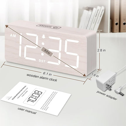Wooden Digital Alarm Clock for Bedroom with Large Numbers | Desk Clock for Living Room Office, Loud Alarm for Heavy Sleepers Adults, Volume Control, Dimmer, DST, Wood Decor (Plug-In)