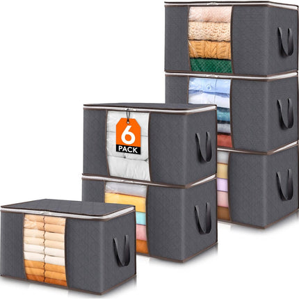 6 Pack Clothes Storage Bins with Lids, Foldable Blanket Storage Bags with Zippers, Clear Window and Reinforced Handles, Closet and Organization for Clothing, Sweater, Comforter, Bedding