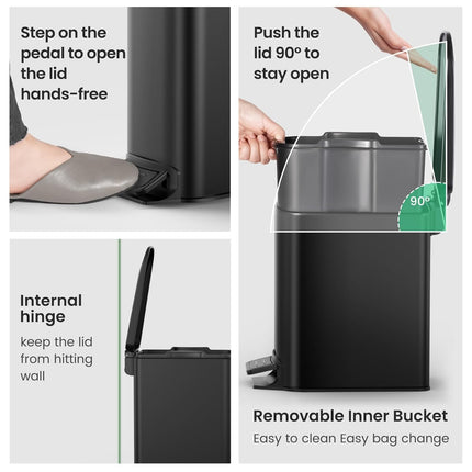 Small Bathroom Trash Can with Lid Soft Close, Step Pedal, 6 Liter / 1.6 Gallon Stainless Steel Garbage Can with Removable Inner Bucket, Anti-Fingerprint Finish (Matt Black)
