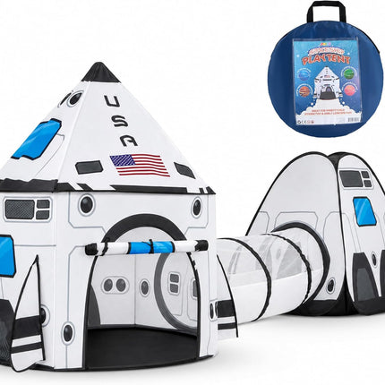 White Rocket Ship Pop up Play Tent with Tunnel and Playhouse Kids Indoor Outdoor Spaceship Tent Set