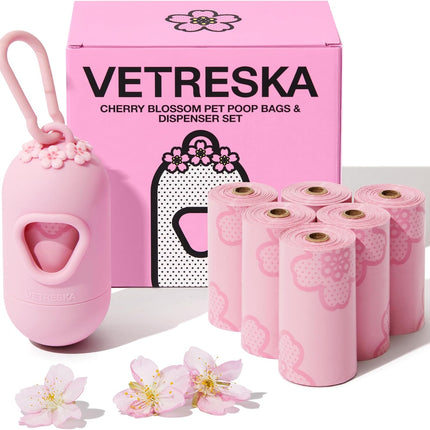 Dog Poop Bag Dispenser with Cherry Blossom Scented Poop Bags, Leak Proof and Extra Thick Pet Waste Bags, 1 Poop Bag Holder and 105 Bags for Dog Walking and Cats Litter, Pink
