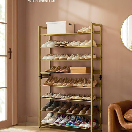 SONGMICS Shoe Rack, 8-Tier Shoe Organizer, Metal Rack for Garage, Set of 2, 4-Tier Stackable Shelf, with Adjustable Flat or Angled Shelves, 32-40 Pairs, Pale Gold ULMR08A02