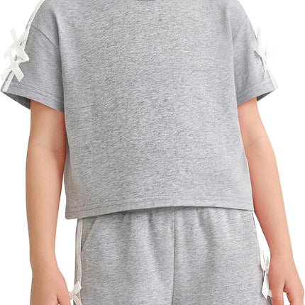 Toddler Girl Clothes 2 Piece Girls Summer Outfits White Bows Short Sleeved Top + Shorts Cute Clothing Set 3T-8Y