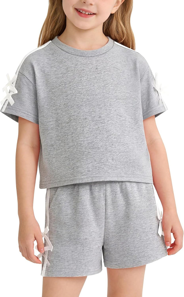 Toddler Girl Clothes 2 Piece Girls Summer Outfits White Bows Short Sleeved Top + Shorts Cute Clothing Set 3T-8Y