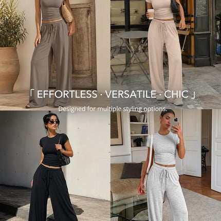 2 Piece Matching Summer Lounge Set Womens Side Ruching Top Wide Leg Pants Sets with Pockets