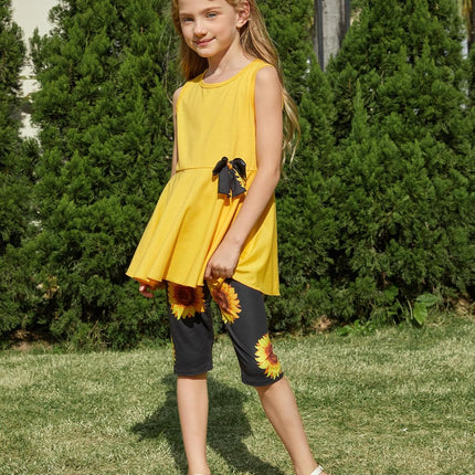 Girls Summer 2 Piece Outfits 4-12Y Butterfly Bow Sleeveless Tunic Tops and Floral Print Shorts Cute Clothes