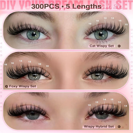 Lash Clusters Kit Wispy Eyelash Clusters Lashes Natural DIY Lash Extension Kit 10-16Mm Cluster Eyelash Extensions Kit 300Pcs C Curl Individual Lashes Cluster Eyelash (No Tweezers)