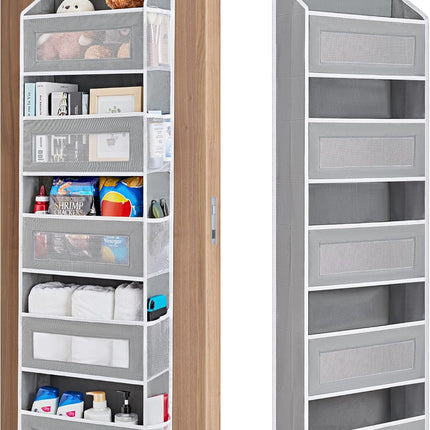 over the Door Organizer Storage, 5 Shelf Hanging Door Organizer with 5 Large Capacity Pockets, anti Tilt 44 Lb Load behind Door Storage for Bedroom, Bathroom, Pantry, Nursery, (Grey)