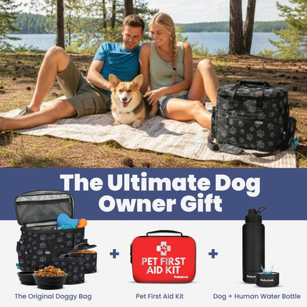 The Original Doggy Bag™ - Complete Dog Travel Bag for Supplies with 2 Bpa-Free Travel Dog Bowls & 2 Pet Food Containers - Traveling Kit for Road Trips, Camping, Weekend Away or Doggy Gift: Paw Print