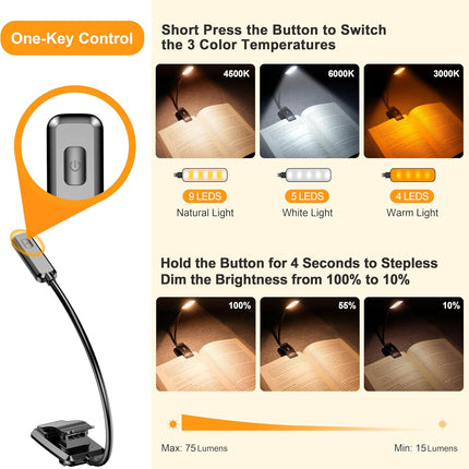 9 LED Rechargeable Book Light for Reading in Bed | Eye Caring 3 Color Temps,Stepless Dimming Brightness,80 Hrs Runtime Small Lightweight Clip on Book Reading Light for Studying