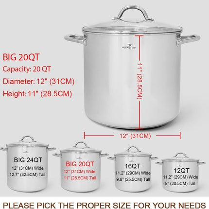 Commercial Grade LARGE STOCK POT 20 Quart with Lid - Nickel Free Stainless Steel Cookware - Healthy Polished Stockpots - Heavy Duty Induction Soup Pot