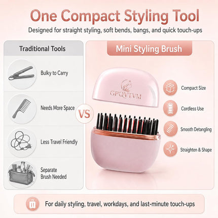 Mini Hair Straightener Brush Cordless Portable Travel Flat Iron Steam Small Heated Styling Comb Rechargeable Wireless Tool for Short & Long Bangs Roots and Edges Compact Blackpurse Size (Black)