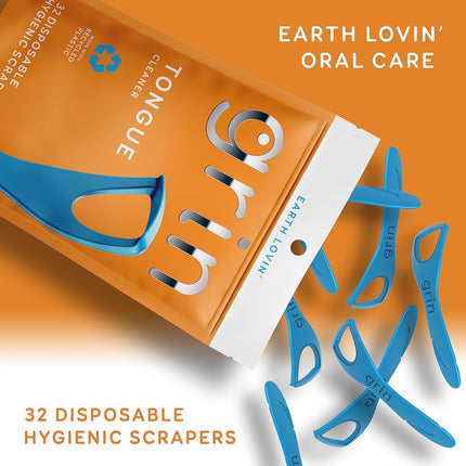 Tongue Cleaner, 32 Count, Disposable Tongue Cleaner, Hygienic Scraper, Recycled Plastic, Clean Tongue, Promote Fresh Breath, Includes Safe Fold- Back Tooth Pick