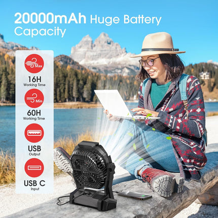 Portable Fan Rechargeable, 20000Mah Cordless Battery Powered Fan with LED Lantern Battery Operated for Camping Travel Bedroom Home Tent Office Beach Desk Fishing Table