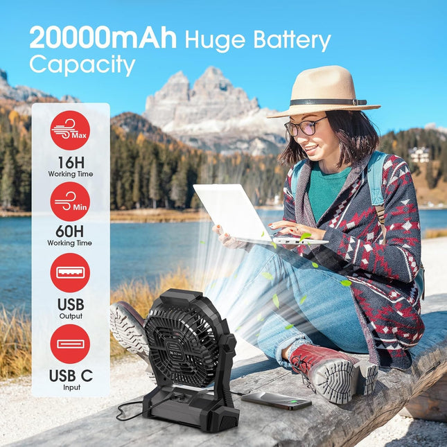 Portable Fan Rechargeable, 20000Mah Cordless Battery Powered Fan with LED Lantern Battery Operated for Camping Travel Bedroom Home Tent Office Beach Desk Fishing Table