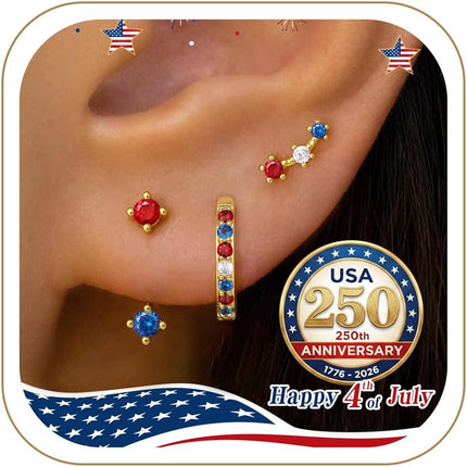 3 Pairs Dainty Small 4Th of July Earrings for Women Trendy, Birthstone Stud Huggie Hoop Jacket Stack for Cartilage Helix, Gold Plated Hypoallergenic Cute Women Fashion Accessories Western Jewelry Gifts