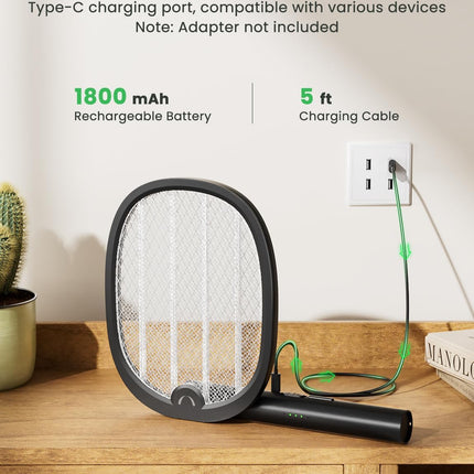 Electric Fly Swatter Foldable Bug Zapper Racket 2 in 1 Mosquito Killer with Purple Attractant Light Rechargeable 1800Mah for Indoor Home Backyard Patio Camping