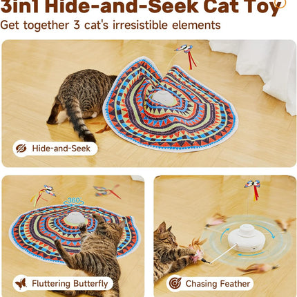 Cat Toys Chargeable, 3In1 Hide and Seek, Automatic Interactive Fun, Fluttering Butterfly, Moving Feather, Kitten Wand, Indoor Kitty Exercise Kicker 22.8 Inch Cover for All Breeds