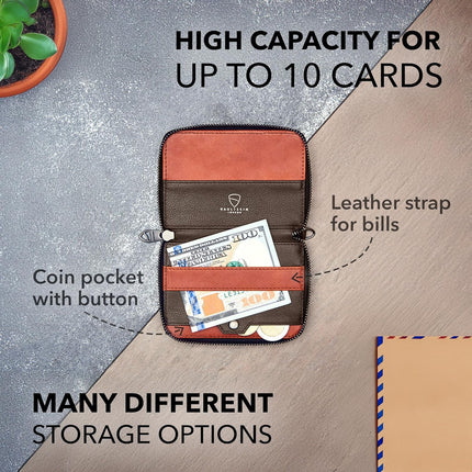 NOTTING HILL Minimalist Leather Zipper Wallet for Women and Men: Slim Multi Cardholder with RFID Blocking and Keychain Ring