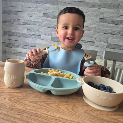 Silicone Baby Feeding Set| 2 Divided Suction Plate + 2 Suction Bowl + 2 Tiny Cup with 2 Spoons| Baby Led Weaning Supplies Self Feeding Utensils (Blue White)