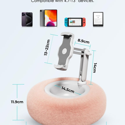 Tablet Stand Pillow, Compatible with 4.7"-13" Phone/Tablet, Ipad, Iphone, Samsung, Google, Kindle, 360°Adjustable Phone Holder for Bed with Soft Plush Fabric, and Detachable Bowl, Pink
