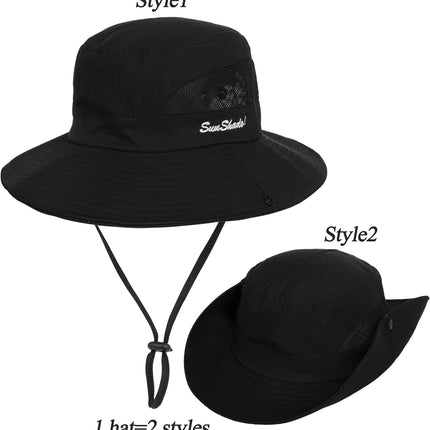Women's UV-Protection Foldable Wide-Brim Sun Hat with Mesh and Ponytail Hole for Outdoor Activities