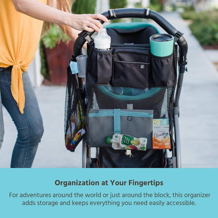 Cups 'N Cargo Universal Stroller Caddy Organizer - Essential Travel Accessories for Baby Stroller, Includes Cup Holders & Mesh Storage Bag, Fits Uppababy, Doona, Nuna, & More - Black