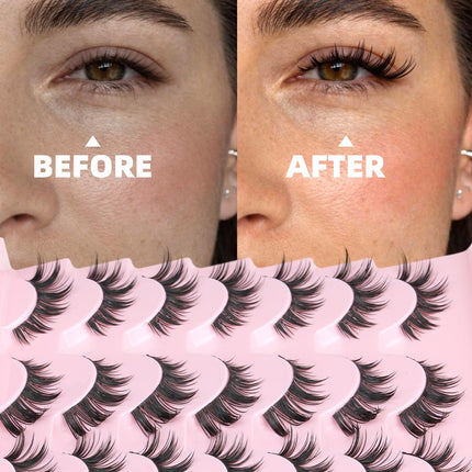 False Eyelashes Bunny Lashes Strips Spiky Eyelashes Natural Look Faux Mink Lashes C Curl 15Mm Wispy Manga Lashes Clear Band Soft Strip Eyelashes Pack for Goth Makeup, 14 Pairs