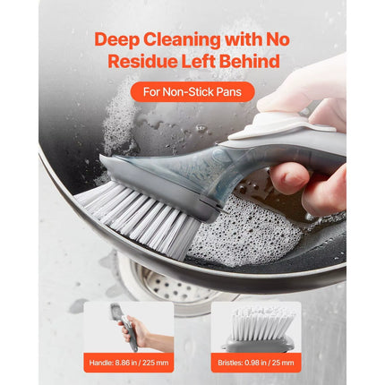 Transform Your Dishwashing Routine with Our Soap Dispensing Kitchen Scrub Brushes – 3 Brush Heads for Effortless Cleaning of Pots, Pans, and More!