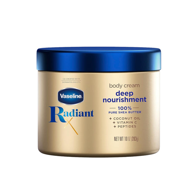 Vaseline Radiant X Deep Nourishment Body Cream 100% Pure Shea Butter, Coconut Oil, Vitamin C, & Peptides 10 Oz