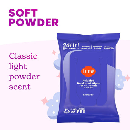 Acidified Deodorant Wipes - 24 Hour Odor Control - Whole Body Deodorant Wipes - Aluminum Free, Baking Soda Free, Skin Loving - Flushable - 15 Count - 3 Pack (Soft Powder)