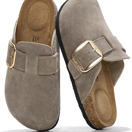 100% Genuine Leather Clogs for Women Shoes - Memory Foam Insole, Non-Slip & Natural Cork Footbed Arch Support Big Buckle Womens Clogs and Mules Footwear (Manchester)