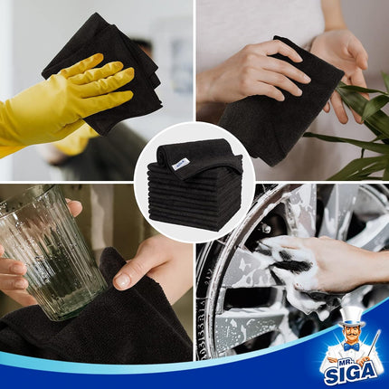 Microfiber Cleaning Cloth, All-Purpose Microfiber Towels, Streak Free Cleaning Rags, Pack of 12, Black, Size 32 X 32 Cm(12.6 X 12.6 Inch)