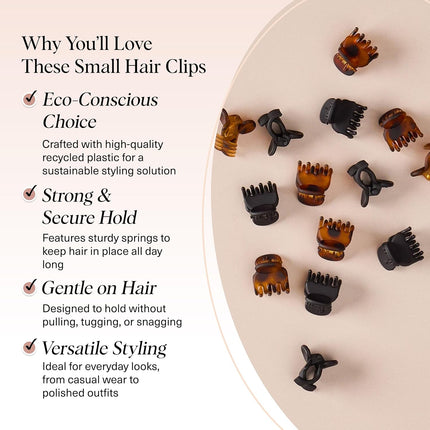 Kitsch Mini Claw Clips for Women - Stylish Small Hair Clips for Kids | Stays in Place without Pulling or Snagging | Durable & Sturdy Plastic | Ideal Gifts for Women - Tortoise & Black, 16 Pcs
