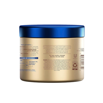 Vaseline Radiant X Deep Nourishment Body Cream 100% Pure Shea Butter, Coconut Oil, Vitamin C, & Peptides 10 Oz