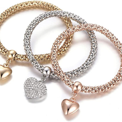 Crystal Charms Multilayer Bracelets - 3PCS Gold/Silver/Rose Gold Corn Chain Bracelet for Women, Tree of Life Heart Shaped Stretch Bracelet