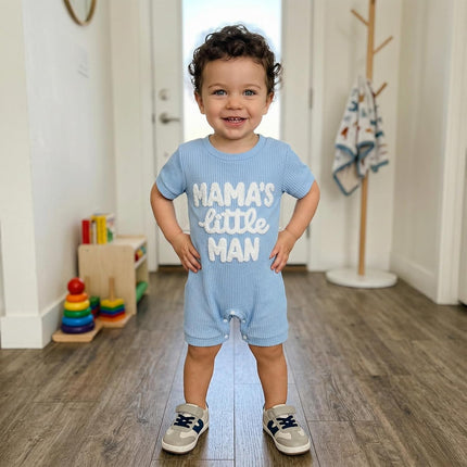 Newborn Infant Baby Boy Summer Jumpsuit Letter Embroidery Short Sleeve Crew Neck Romper Waffle Outfit