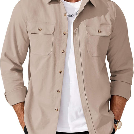 Men'S Long Sleeve Button up Shirt Jacket with Flap Pockets