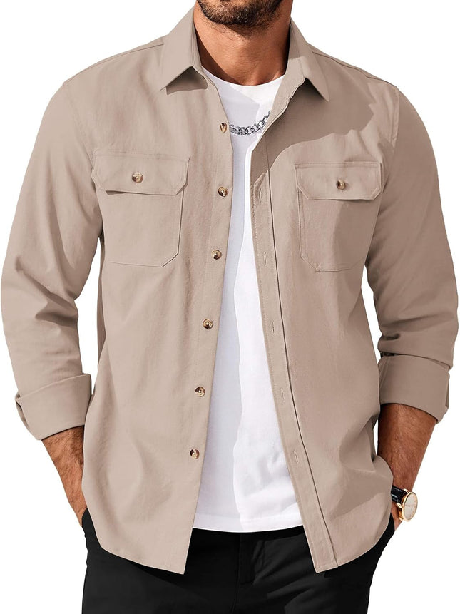 Men'S Long Sleeve Button up Shirt Jacket with Flap Pockets