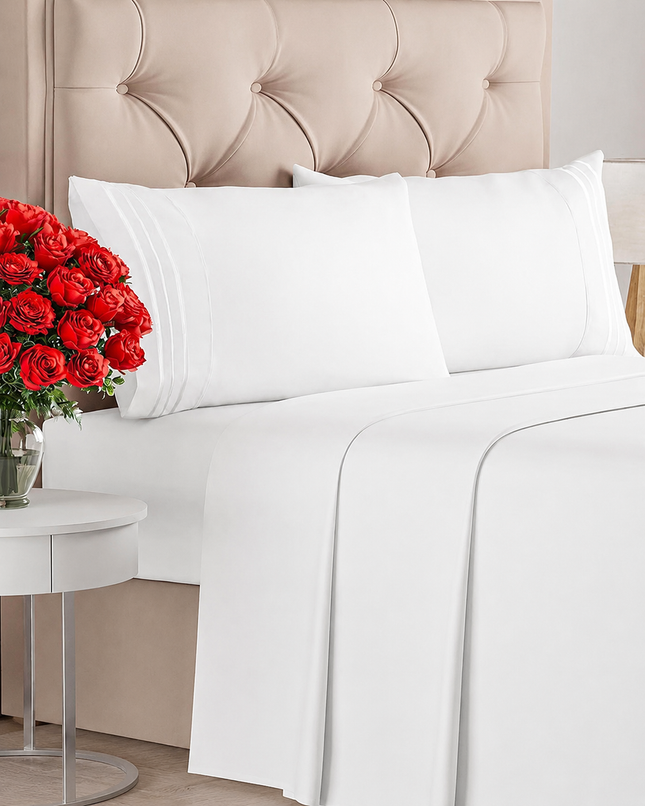 Queen Size Bed Sheet Set – 4-Piece Cooling & Breathable Sheets with Deep Pockets, Wrinkle-Resistant, White
