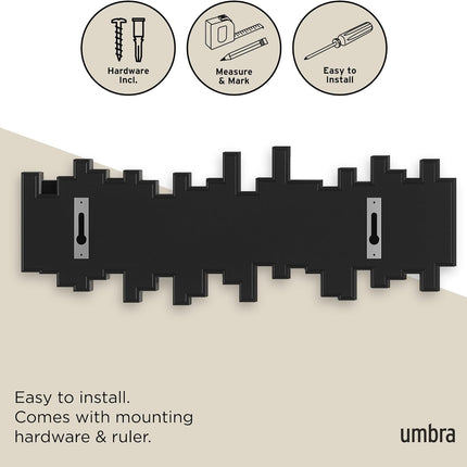 Sticks Wall Mount Coat Rack, 5 Hook Retractable Pegs, Black | Mounting Hardware Included, Sculptural Modern Design, Entryway or Bedroom Use, Recycled Plastic