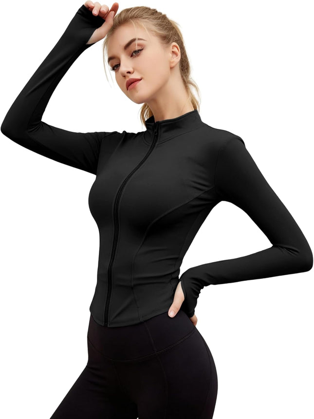 Womens Lightweight Full Zip Running Track Jacket Workout Slim Fit Yoga Sportwear with Thumb Holes