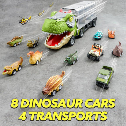 13 in 1 Dinosaur Toys for Kids 3-5, Transport Dinosaur Carrier Truck with 12 Pull Back Cars, Toddler Toys 3-4， Birthday Gifts for 3 4 5+ Year Old Boys