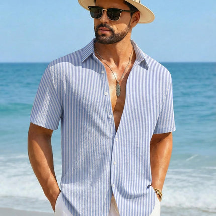 Mens Short Sleeve Casual Shirts Button down Striped Summer Shirts Textured Vacation Beach Shirt