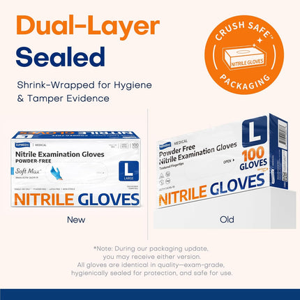 Medical Soft Max Nitrile Exam Gloves Powder-Free Disposable 100 Ct | Soft Stretch Fit • Powder-Free • Latex-Free • Examination • Cooking • Cleaning· Food Prep • 100 Count • Blue
